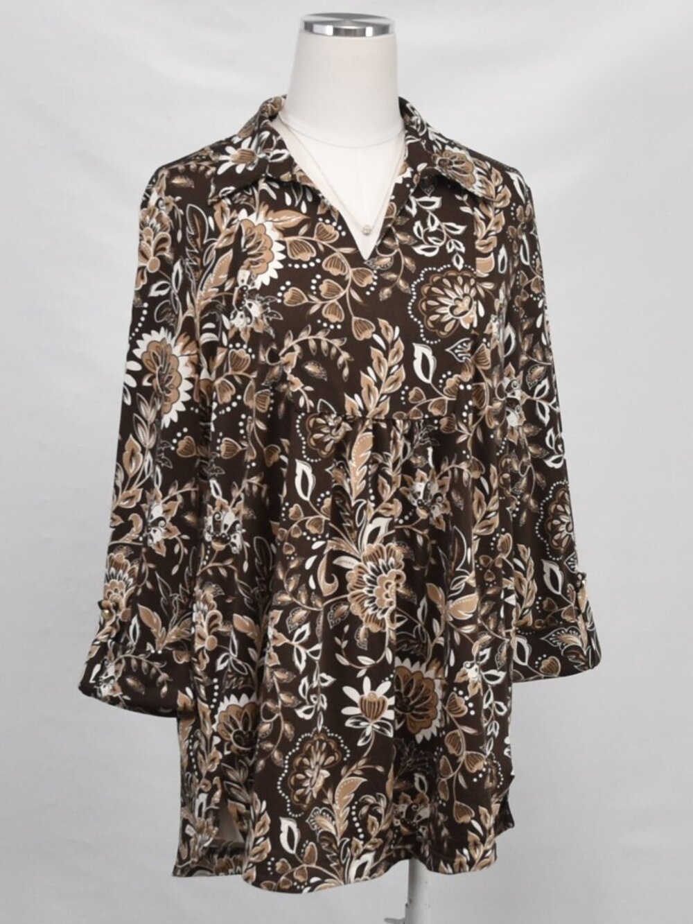 Brown Floral Top | 3/4 Roll Tab Sleeves